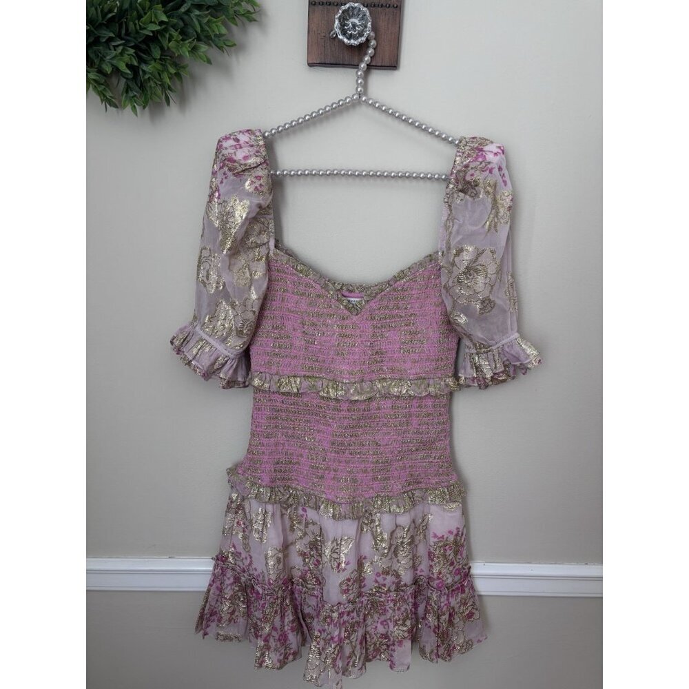 Hemant & Nandita Size Small Pink Gold Metallic Floral Smocked Short Mini Dress
